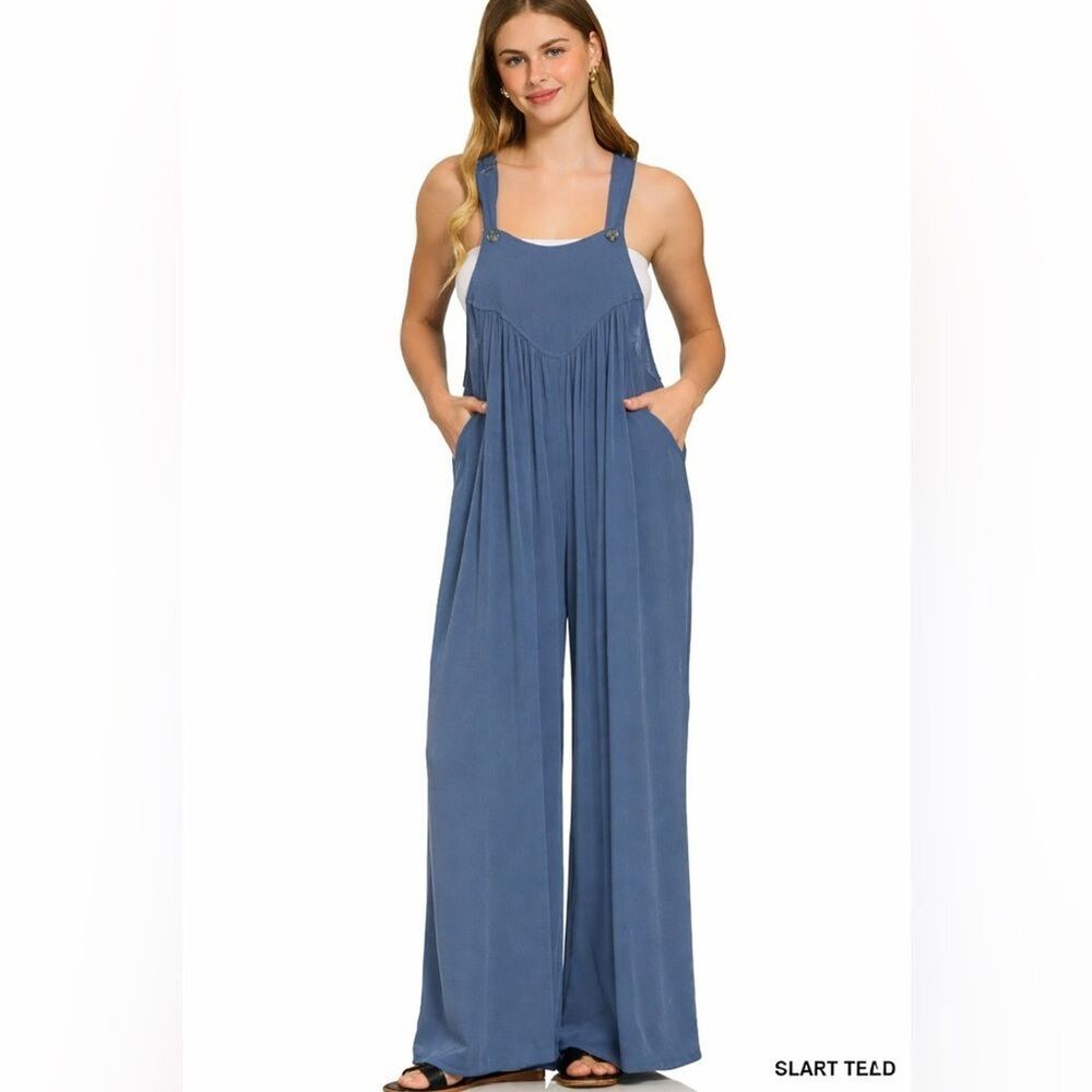 Zenana Woven Rayon Crepe Wide Leg Overalls: Slate Blue size Large